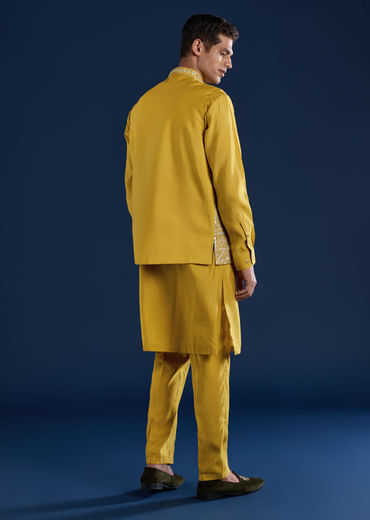 Yellow Silk Jacket Kurta Set with Gota Work