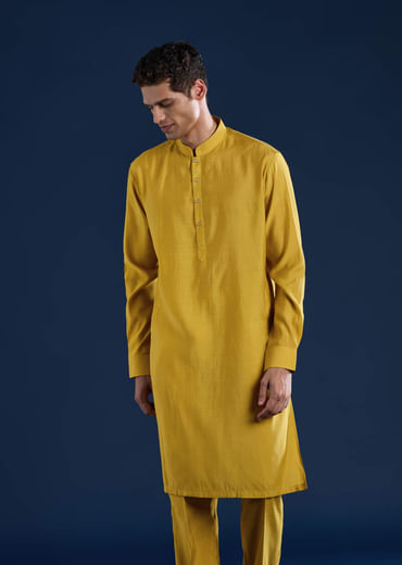 Yellow Silk Jacket Kurta Set with Gota Work