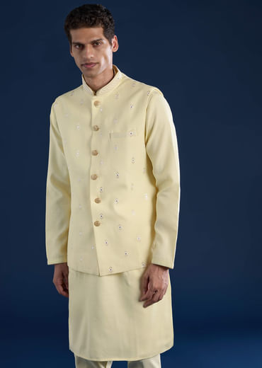 Yellow Silk Jacket Kurta Set with Mirror Embroidery