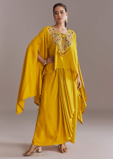 Yellow Silk Kaftan Top And Drape Skirt Set With Embroidery