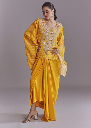 Yellow Silk Kaftan Top And Drape Skirt Set With Leheriya Print