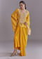 Yellow Silk Kaftan Top And Drape Skirt Set With Leheriya Print