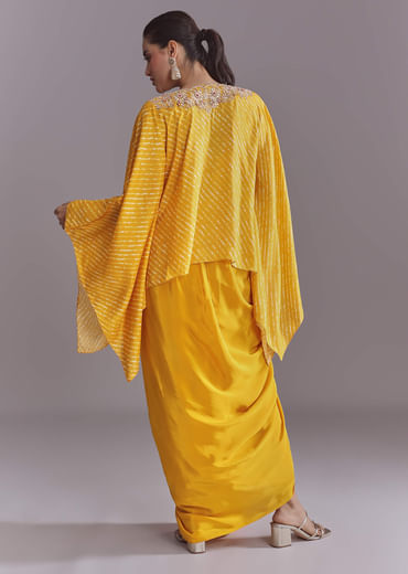 Yellow Silk Kaftan Top And Drape Skirt Set With Leheriya Print
