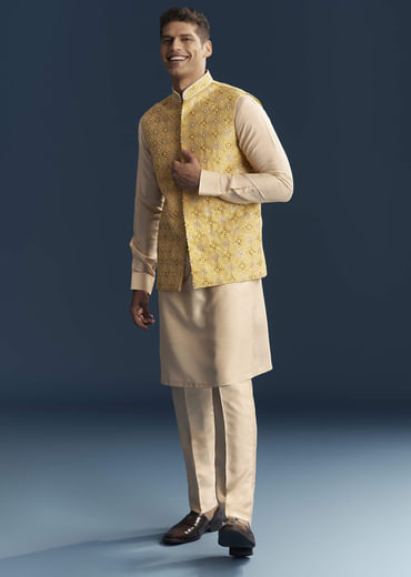 Yellow Silk Kurta Jacket Set For Men With Heavy Hand Embroidery
