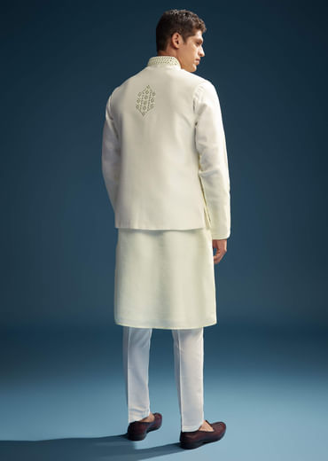 Off White Silk Kurta Jacket Set For Men With Mirror Embroidery