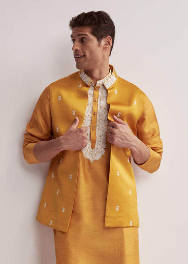 Yellow Silk Kurta Jacket Set For Men With Zardosi Hand Embroidery