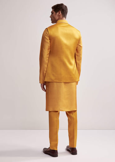 Yellow Silk Kurta Jacket Set For Men With Zardosi Hand Embroidery