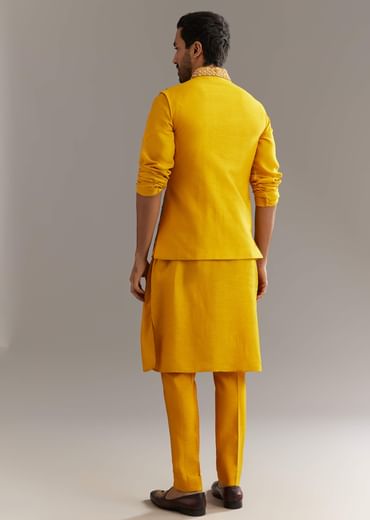 Yellow Silk Kurta Jacket Set With Multicolor Hand Work
