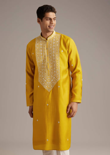 Yellow Silk Kurta Set For Men With Mirror And Thread Work