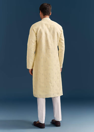 Pastel Yellow Silk Kurta Set For Men With Mirror Work