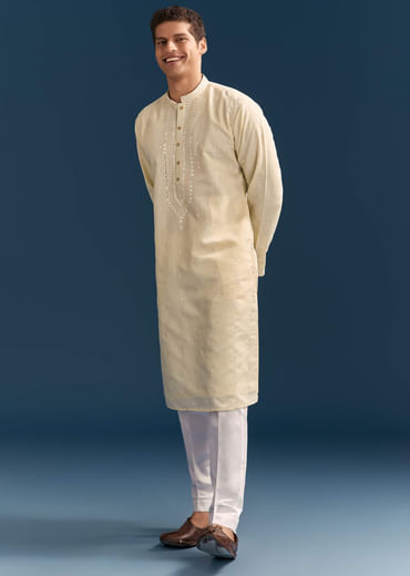 Yellow Silk Kurta Set For Men With Thread And Mirror Embroidery