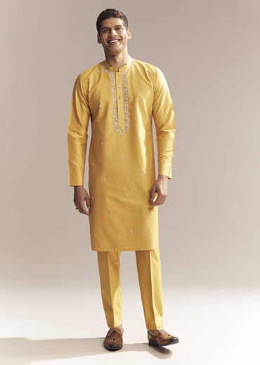 Yellow Silk Kurta Set For Men With Zardosi And Aari Work