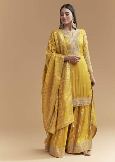 Yellow Silk Palazzo Suit With Hand Embroidery And Floral Print
