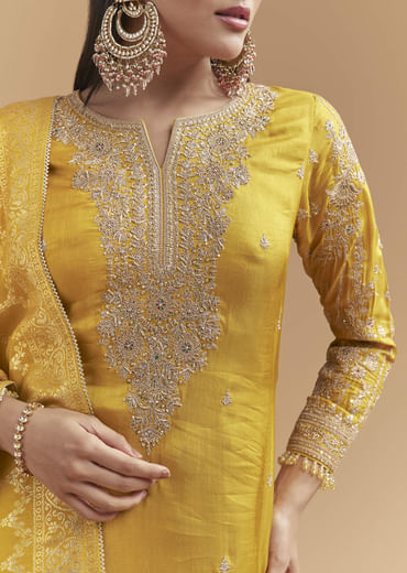 Yellow Silk Palazzo Suit With Hand Embroidery And Floral Print