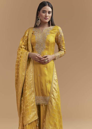 Yellow Silk Palazzo Suit With Hand Embroidery And Floral Print