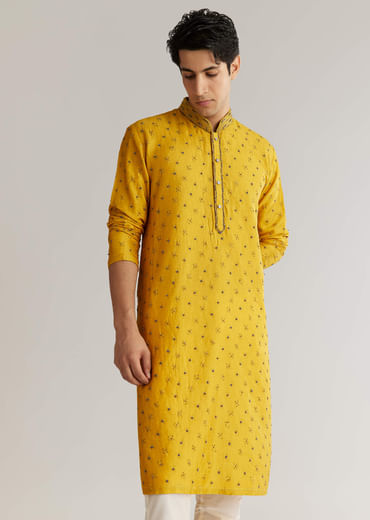 Yellow Silk Resham Embroidered Kurta Set With Mirrorwork