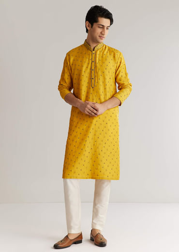 Yellow Silk Resham Embroidered Kurta Set With Mirrorwork