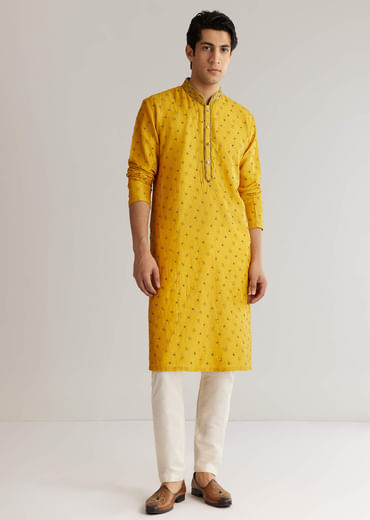 Yellow Silk Resham Embroidered Kurta Set With Mirrorwork