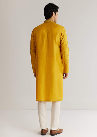 Yellow Silk Resham Embroidered Kurta Set With Mirrorwork