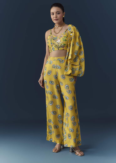 Yellow Silk Shell Print Crop Top Pant Set with Gotta Work