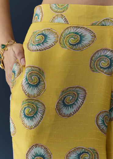 Yellow Silk Shell Print Crop Top Pant Set with Gotta Work