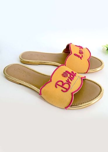 Yellow Slider Flats With Fuchsia Pink Colored Bride To Be Text And Scalloped Edge Online By Sole House