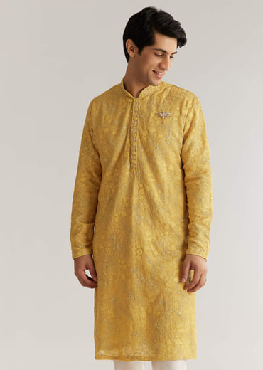 Yellow Tissue Resham Embroidered Kurta Set With Cutdana Beads