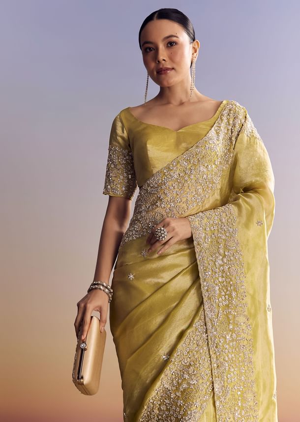 Yellow Tissue Saree With Heavy Floral Embroidered Border