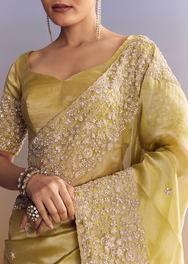 Yellow Tissue Saree With Heavy Floral Embroidered Border