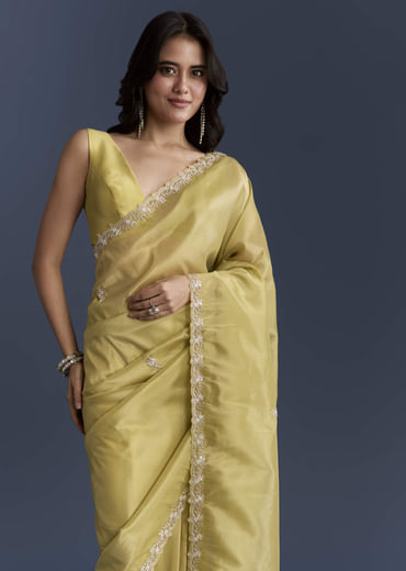 Yellow Tissue Saree With Heavy Hand Embroidery