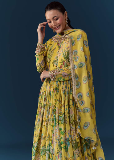 Yellow Tropical Print Georgette Anarkali with Moti Work