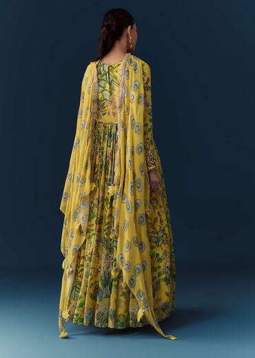 Yellow Tropical Print Georgette Anarkali with Moti Work