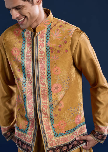 Yellow Velvet Printed Jacket Kurta Set