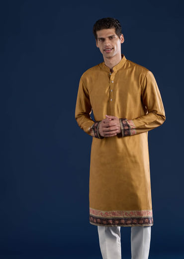 Yellow Velvet Printed Jacket Kurta Set