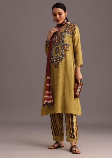 Mehendi Green Ajrakh Printed Kurti With Stripe Printed Salwar