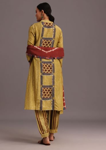 Mehendi Green Ajrakh Printed Kurti With Stripe Printed Salwar