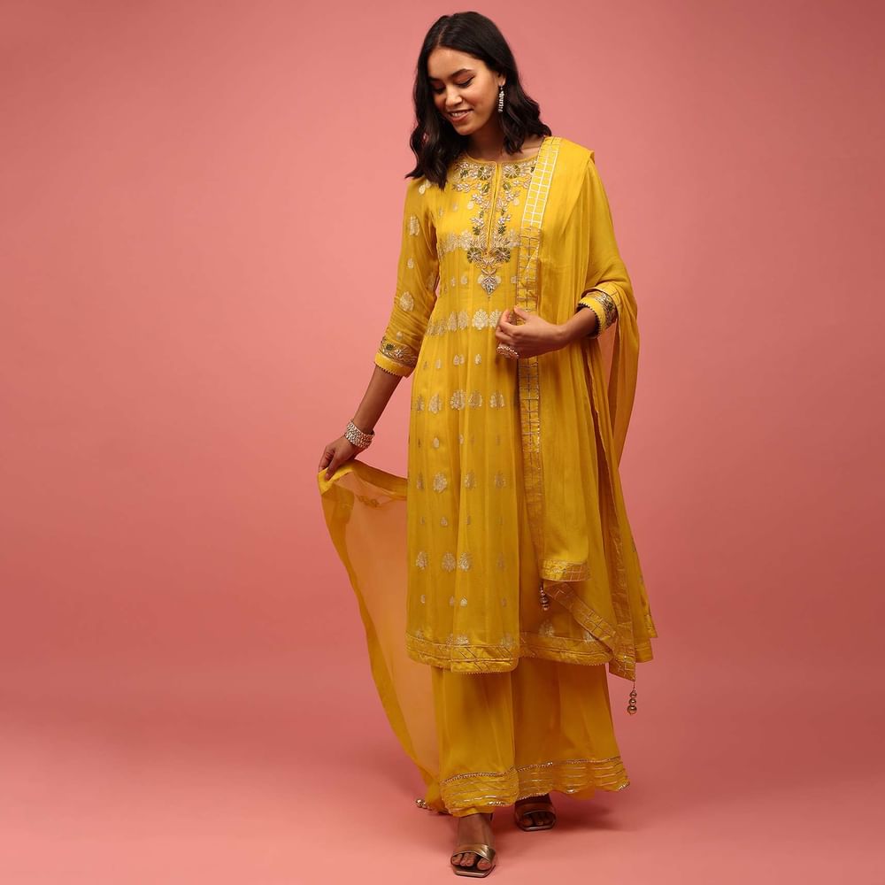 Chrome Yellow Anarkali Suit Set In Banarasi Georgette, Embellished With Brocade And Zardosi Work