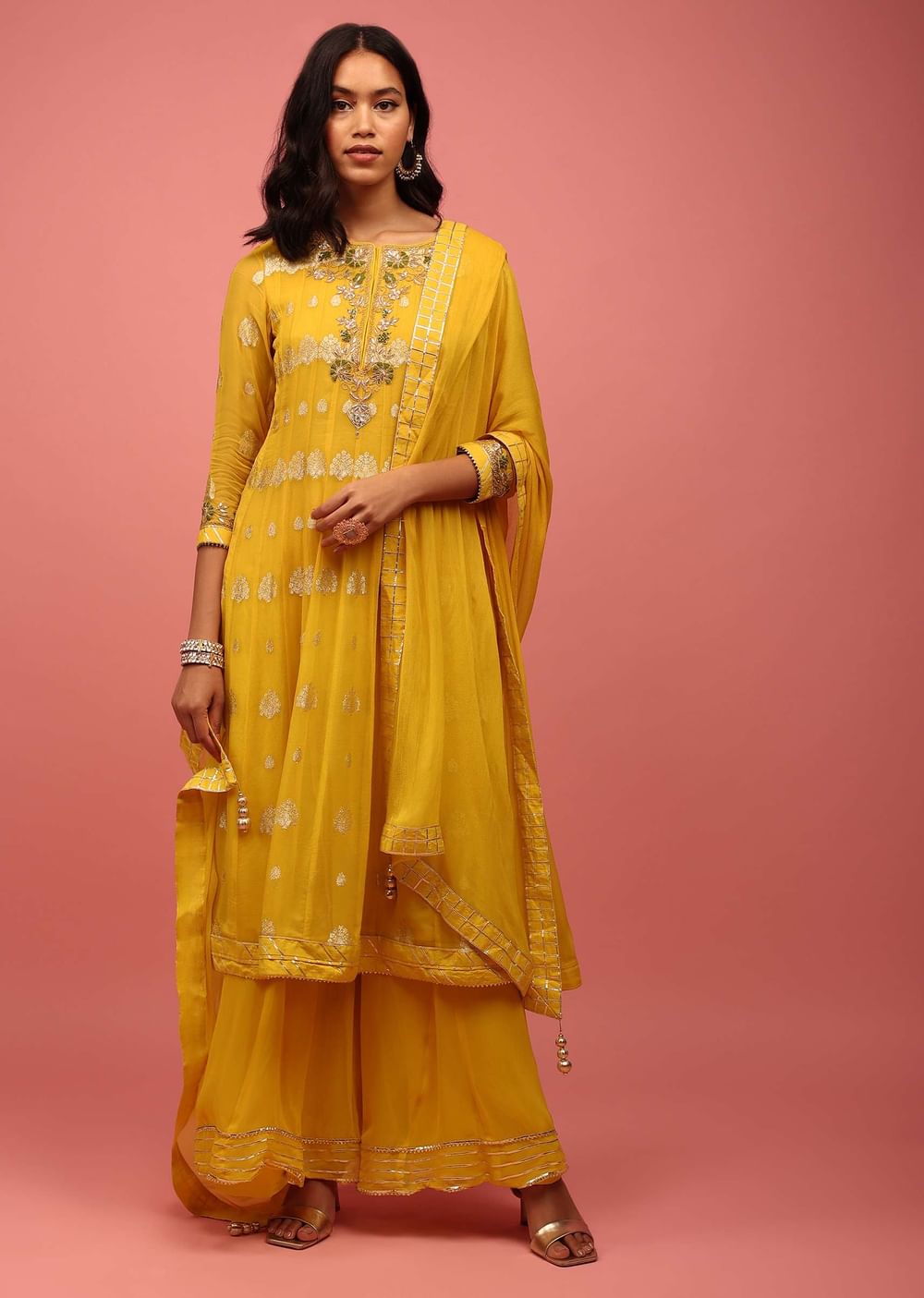 Chrome Yellow Anarkali Suit Set In Banarasi Georgette, Embellished With Brocade And Zardosi Work