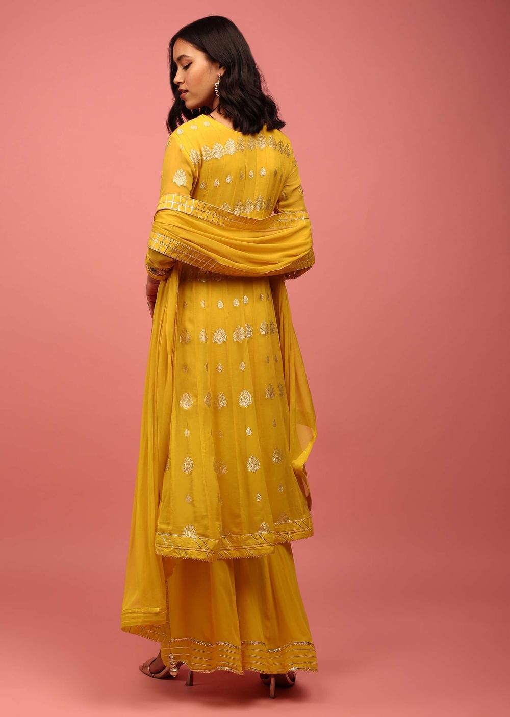Chrome Yellow Anarkali Suit Set In Banarasi Georgette, Embellished With Brocade And Zardosi Work