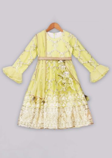 Kalki Girls Yellow Anarkali With Delicate Overall Embroidery And Organza Ruffle Sleeves By Free Sparrow