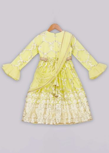 Kalki Girls Yellow Anarkali With Delicate Overall Embroidery And Organza Ruffle Sleeves By Free Sparrow