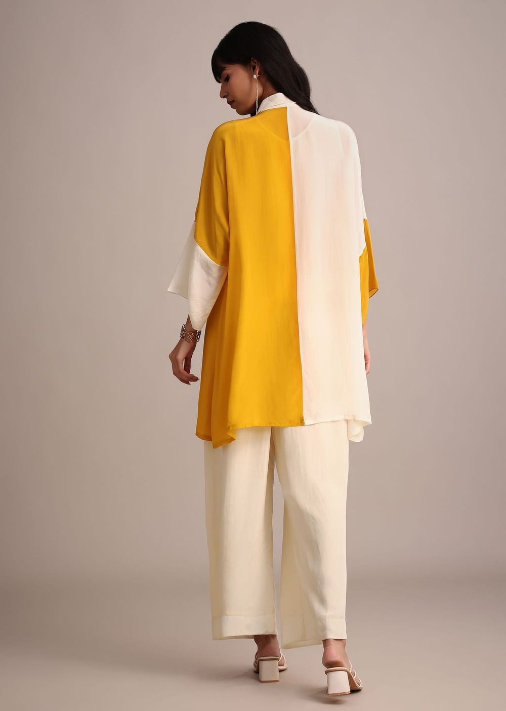 Yellow And Cream Colour Block Crepe Embroidered Kurta Pant