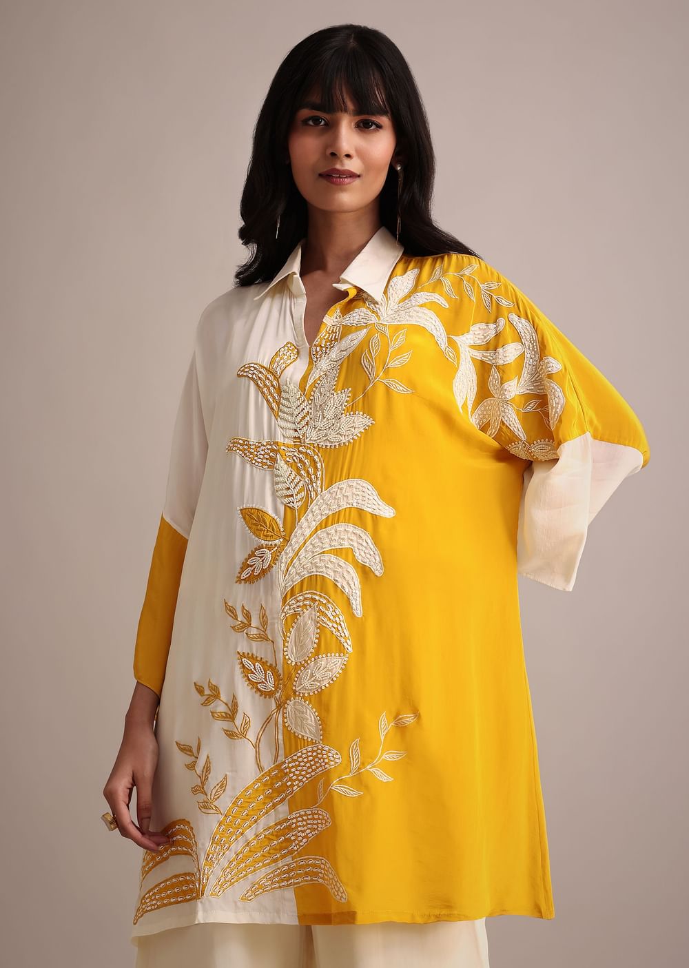 Yellow And Cream Colour Block Crepe Embroidered Kurta Pant