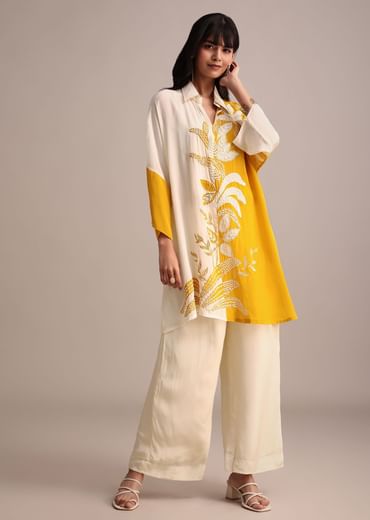 Yellow And Cream Colour Block Crepe Embroidered Kurta Pant