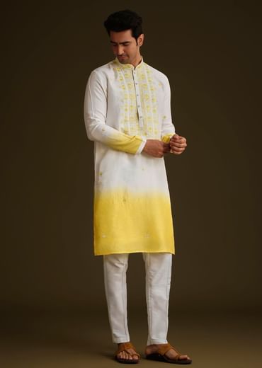 Yellow And Cream Ombre Silk Kurta Set