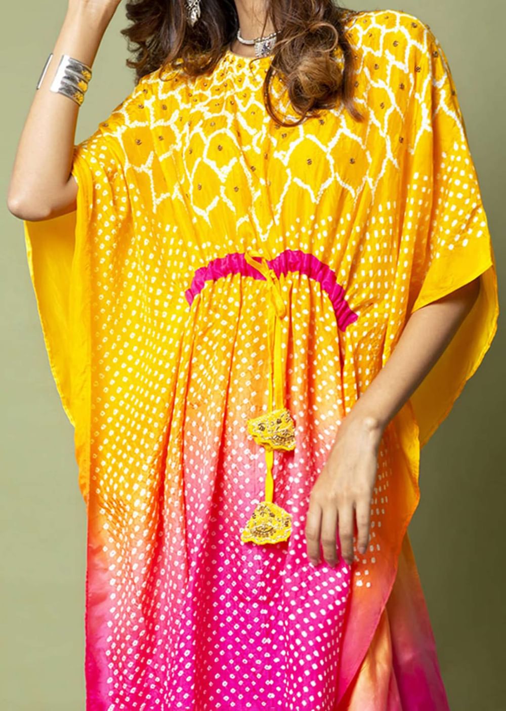 Yellow And Hot Pink Ombré Kaftan And Straight Pants Set With Bandhani And Hand Embroidery