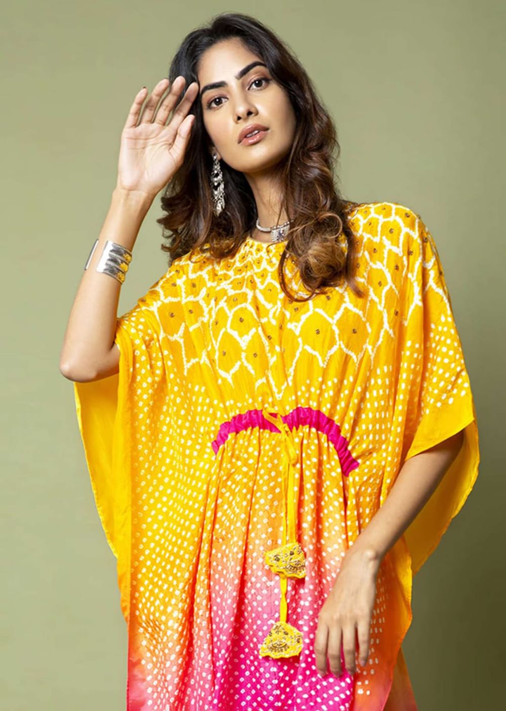 Yellow And Hot Pink Ombré Kaftan And Straight Pants Set With Bandhani And Hand Embroidery