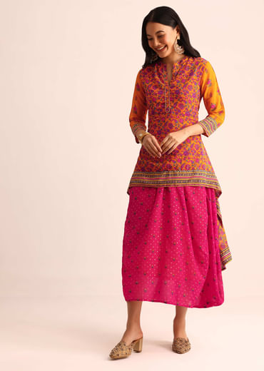 Yellow And Pink Floral Printed Georgette Long Kurti