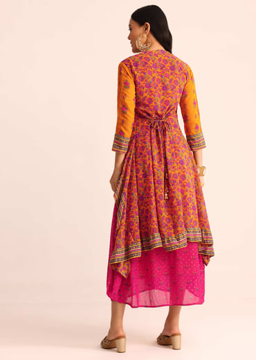 Yellow And Pink Floral Printed Georgette Long Kurti