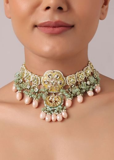 Yellow And Pink Kundan Choker Set With Bead Drops And Meenakari